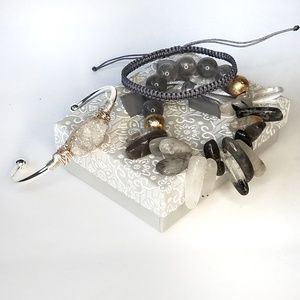 Set of 3 Natural Stone Druzy Bracelets Black Gray